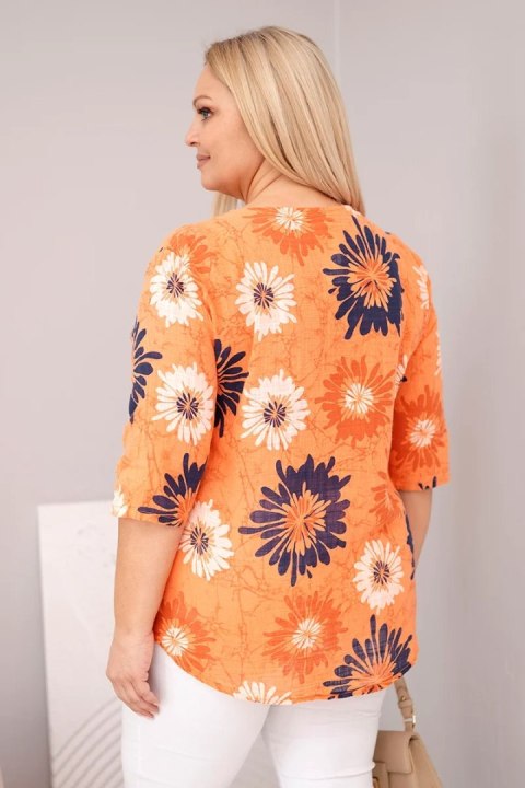 Bluzka damska bawełniana Plus Size z krótkim rękawem i guzikami pomarańczowa