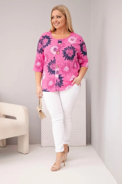 Bluzka damska bawełniana Plus Size z krótkim rękawem i guzikami różowa