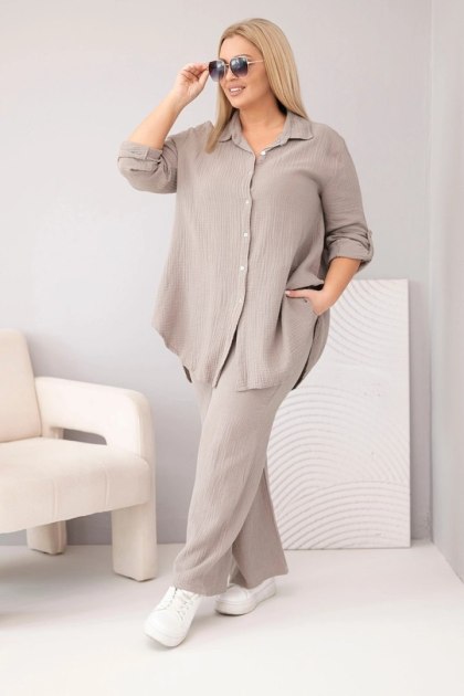 Komplet damski muślinowy Plus Size z koszulą zapinaną na guziki i spodniami z szeroką nogawką fango