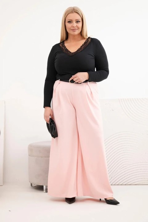 Spodnie damskie Plus Size z szeroką nogawką i paskiem pudrowy róż