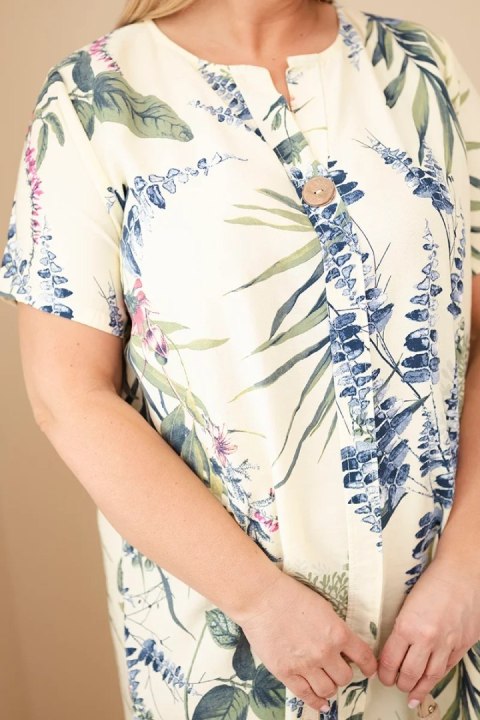 Sukienka damska wiskozowa Plus Size z krótkim rękawem i dekoltem na guziki żółta