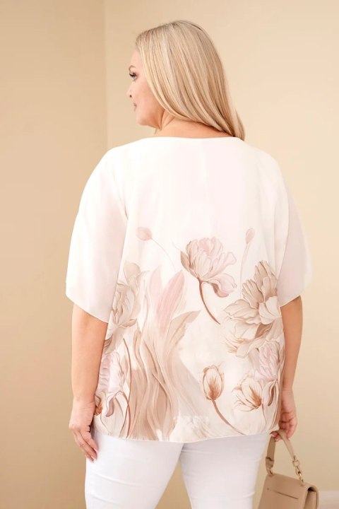 Bluzka damska Plus Size z kwiatowym printem i luźnym rękawem camelowa