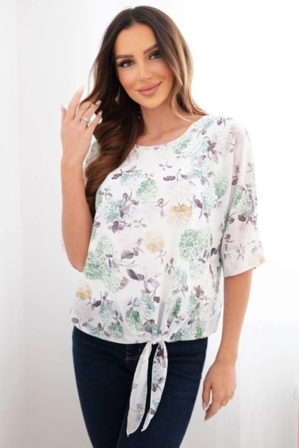 Bluzka damska w kwiaty z wiązaniem na dole ciemno miętowa