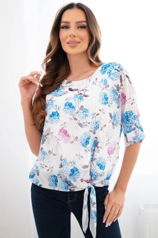 Bluzka damska w kwiaty z wiązaniem na dole niebieska