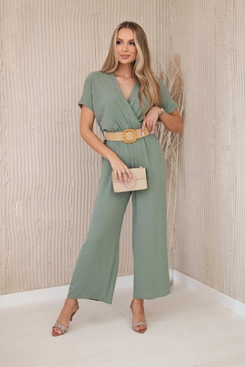 Elegancki kombinezon z ozdobnym paskiem w talii jasny khaki