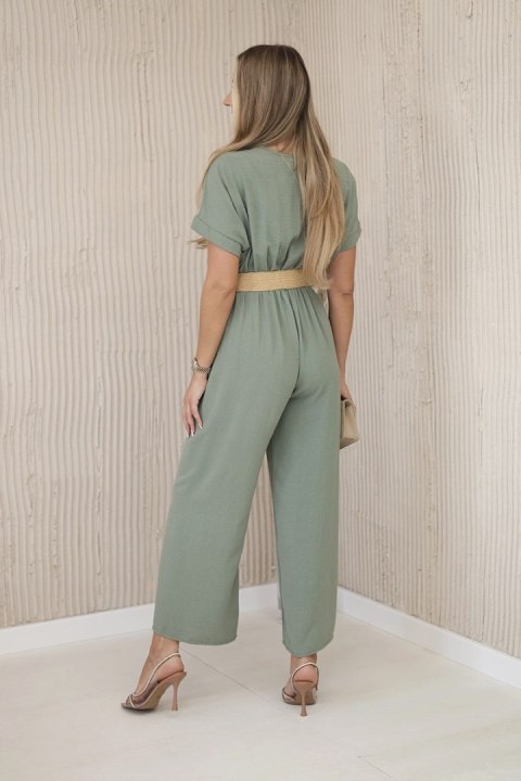 Kombinezon z ozdobnym paskiem w talii jasny khaki