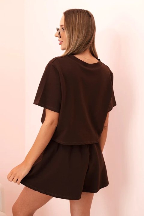 Komplet damski bawełniany z szerokimi szortami brązowy