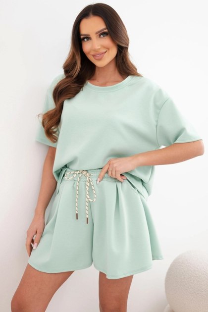 Komplet damski wiskozowy masełko z krótkim rękawem i spodenki z wysokim stanem ciemno miętowy