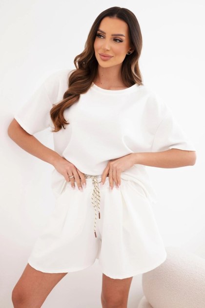 Komplet damski wiskozowy masełko z krótkim rękawem i spodenki z wysokim stanem ecru