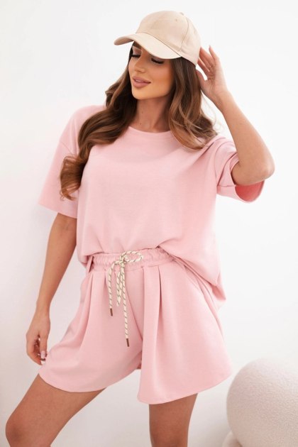 Komplet damski wiskozowy masełko z krótkim rękawem i spodenki z wysokim stanem pudrowy róż