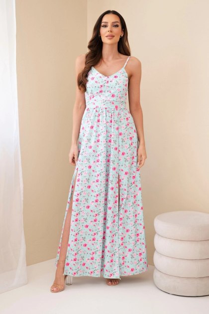 Sukienka damska maxi w kwiaty na ramiączkach z wiązaniem na plecach miętowa