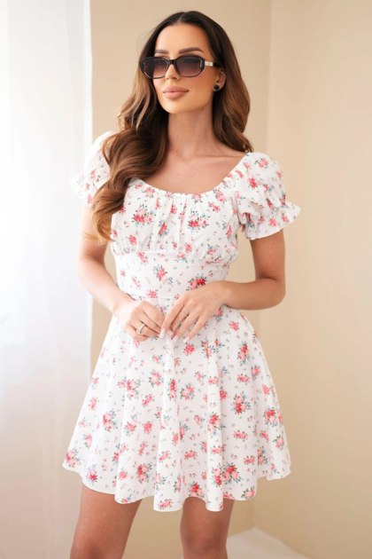 Sukienka damska w kwiaty z bufiastym rękawem i elastyczną talią biała
