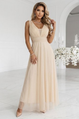 637-4 Długa sukienka maxi z brokatowym połyskiem i głębokim dekoltem - szampański beż