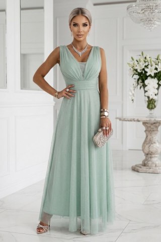 637-5 Długa sukienka maxi z brokatowym akcentem i głębokim dekoltem - pistacjowa