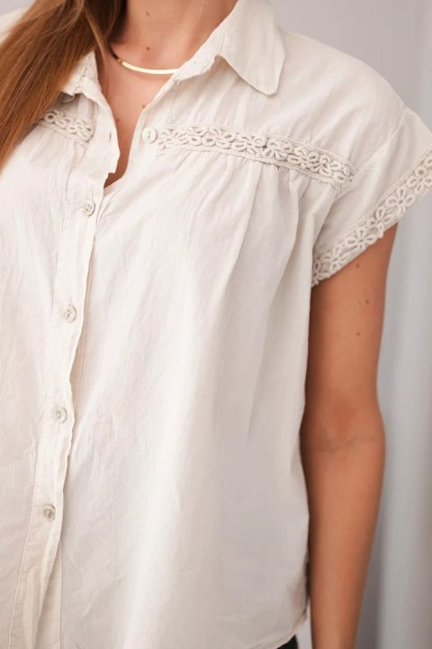 Bluzka damska bawełniana koszulowa z koronką i krótkim rękawem beżowa