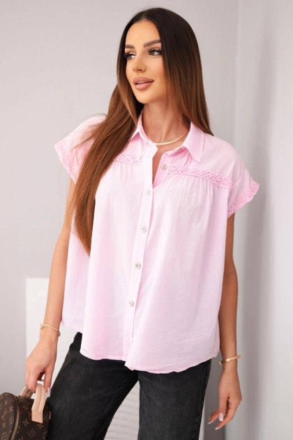 Bluzka damska bawełniana koszulowa z koronką i krótkim rękawem cukierkowy róż