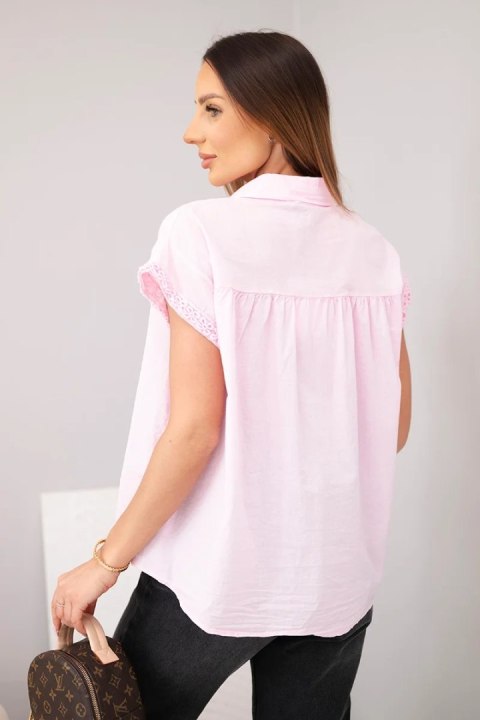 Bluzka damska bawełniana koszulowa z koronką i krótkim rękawem cukierkowy róż