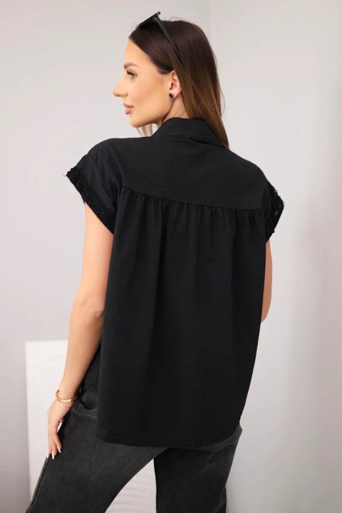 Bluzka damska bawełniana koszulowa z koronką i krótkim rękawem czarna