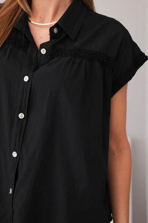 Bluzka damska bawełniana koszulowa z koronką i krótkim rękawem czarna