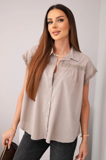 Bluzka damska bawełniana koszulowa z koronką i krótkim rękawem fango