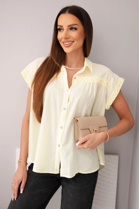 Bluzka damska bawełniana koszulowa z koronką i krótkim rękawem żółta