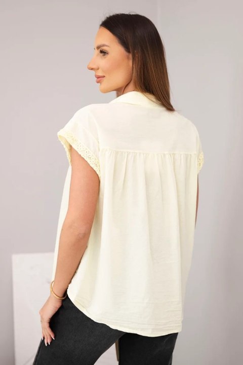 Bluzka damska bawełniana koszulowa z koronką i krótkim rękawem żółta