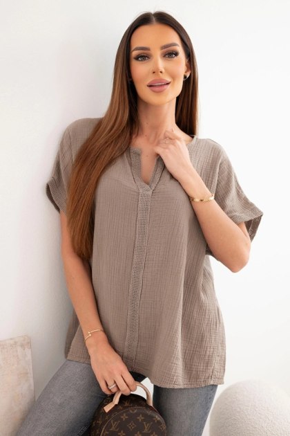 Bluzka damska bawełniana muślinowa oversize z dekoltem V i koronką fango