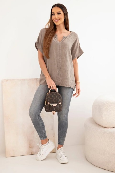 Bluzka damska bawełniana muślinowa oversize z dekoltem V i koronką fango