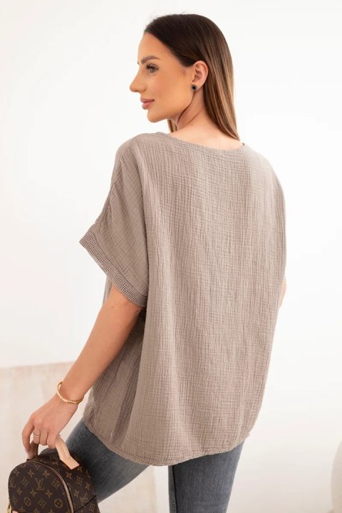 Bluzka damska bawełniana muślinowa oversize z dekoltem V i koronką fango