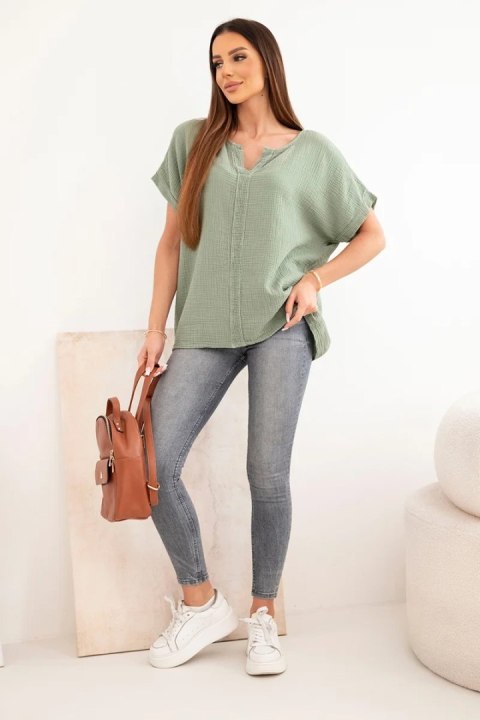 Bluzka damska bawełniana muślinowa oversize z dekoltem V i koronką khaki