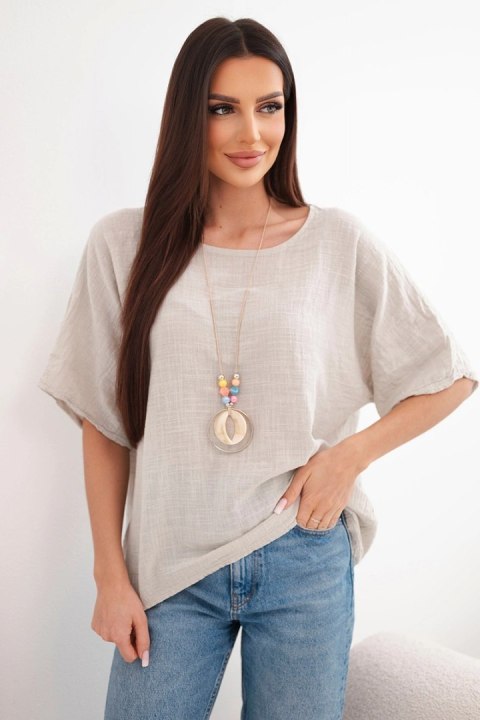 Bluzka damska bawełniana oversize z krótkim rękawem beżowa