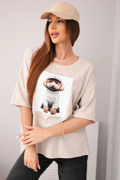 Bluzka damska bawełniana oversize z krótkim rękawem i nadrukiem beżowa