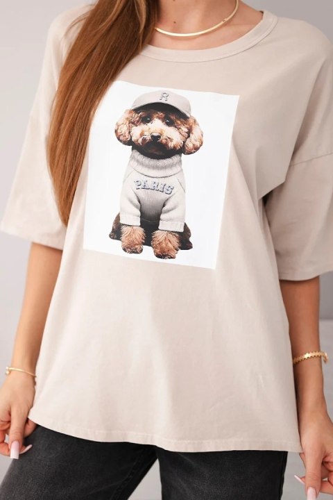 Bluzka damska bawełniana oversize z krótkim rękawem i nadrukiem beżowa