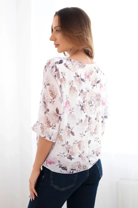 Bluzka damska w kwiaty z wiązaniem na dole camelowa