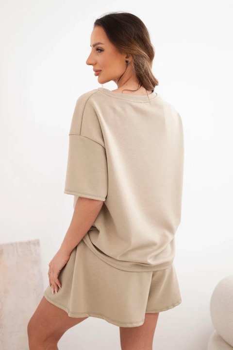Komplet damski wiskozowy masełko z krótkim rękawem i spodenki z wysokim stanem camelowy