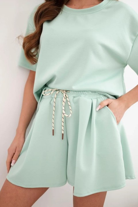 Komplet damski wiskozowy masełko z krótkim rękawem i spodenki z wysokim stanem ciemno miętowy