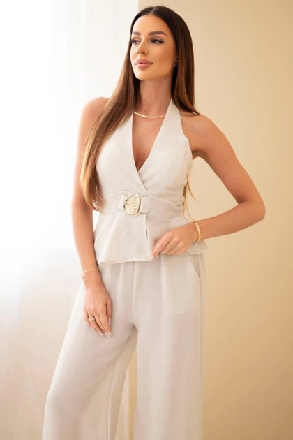 Komplet damski wiskozowy top wiązany i spodnie szeroka nogawka beżowy