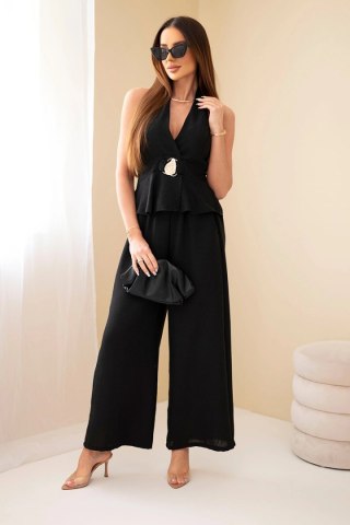 Komplet damski wiskozowy top wiązany i spodnie szeroka nogawka czarny