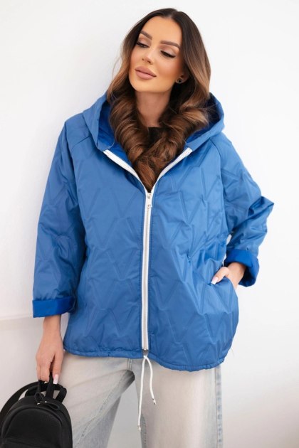 Kurtka damska wiosenna pikowana z kapturem i zamkiem ciemno jeansowa