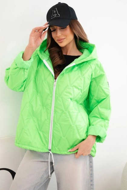 Kurtka damska wiosenna pikowana z kapturem i zamkiem zielony neon