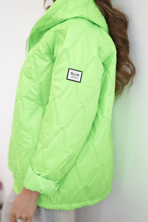 Kurtka damska wiosenna pikowana z kapturem i zamkiem zielony neon