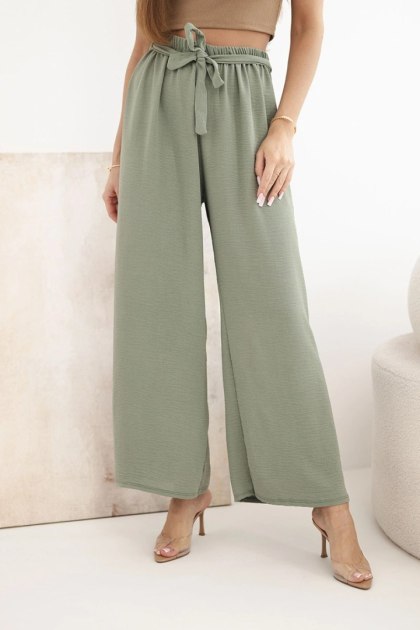 Spodnie z szeroką i wiązaniem w pasie jasne khaki