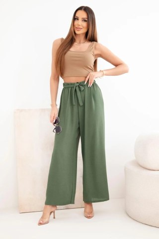 Spodnie z szeroką i wiązaniem w pasie khaki