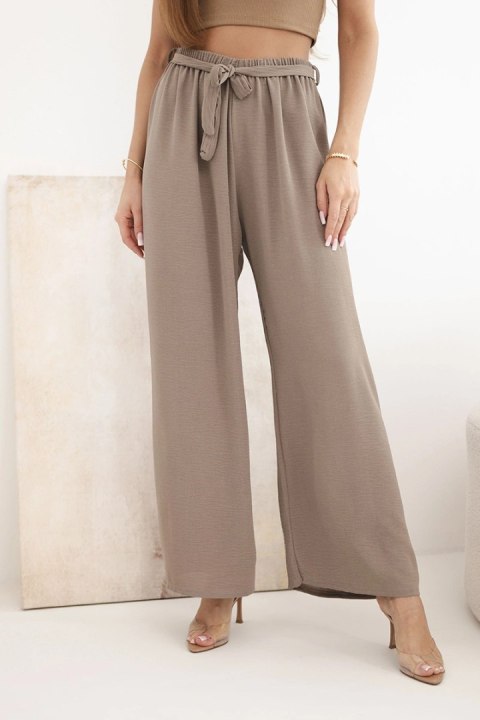 Spodnie z szeroką nogawką i wiązaniem w pasie mocca