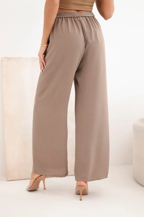 Spodnie z szeroką i wiązaniem w pasie mocca