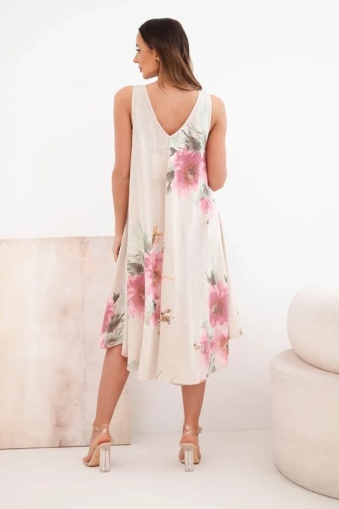 Sukienka damska bawełniana oversize z dekoltem V i kwiatowym nadrukiem beżowa