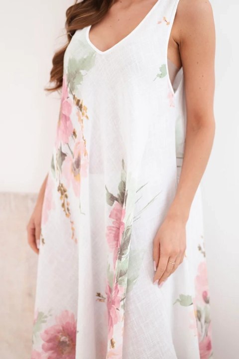 Sukienka damska bawełniana oversize z dekoltem V i kwiatowym nadrukiem biała