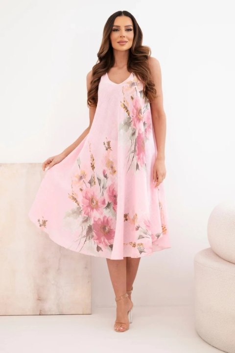 Sukienka damska bawełniana oversize z dekoltem V i kwiatowym nadrukiem jasno różowa