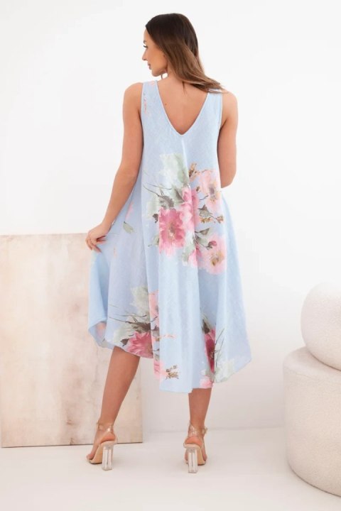 Sukienka damska bawełniana oversize z dekoltem V i kwiatowym nadrukiem niebieska