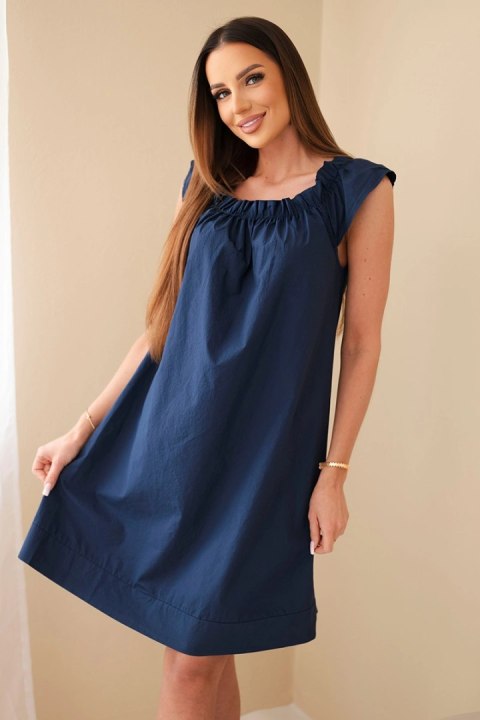 Granatowa sukienka bawełniana z marszczonym dekoltem i falbanką